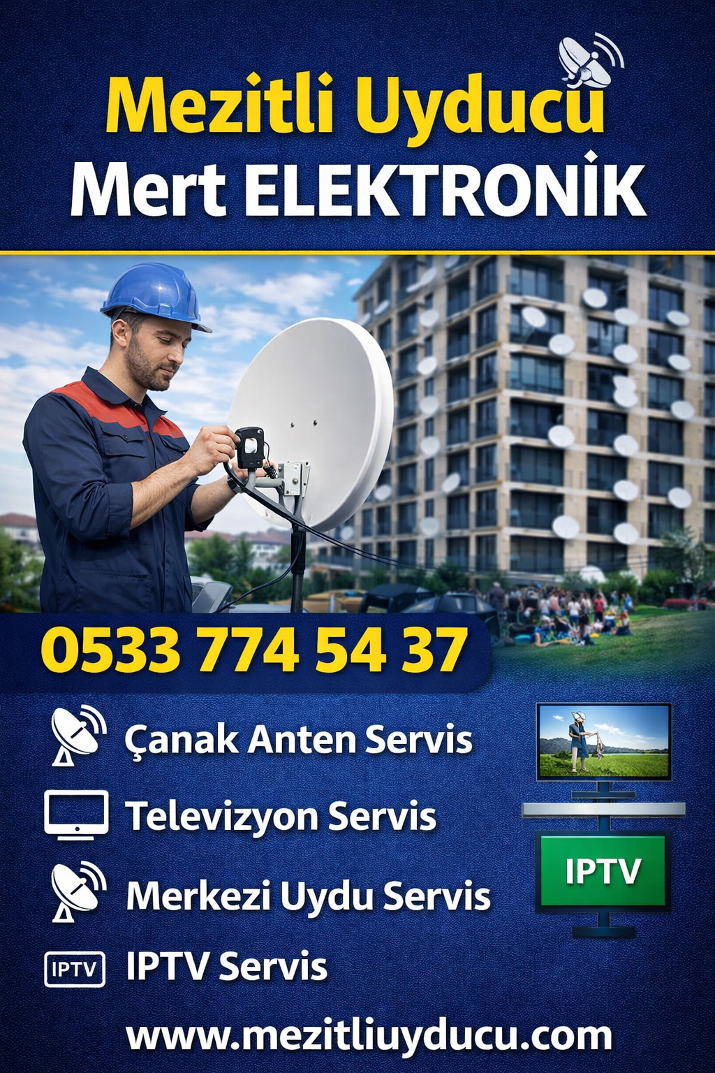 Mezitli Uyducu bina onunde canak anten ayari yapan teknisyen