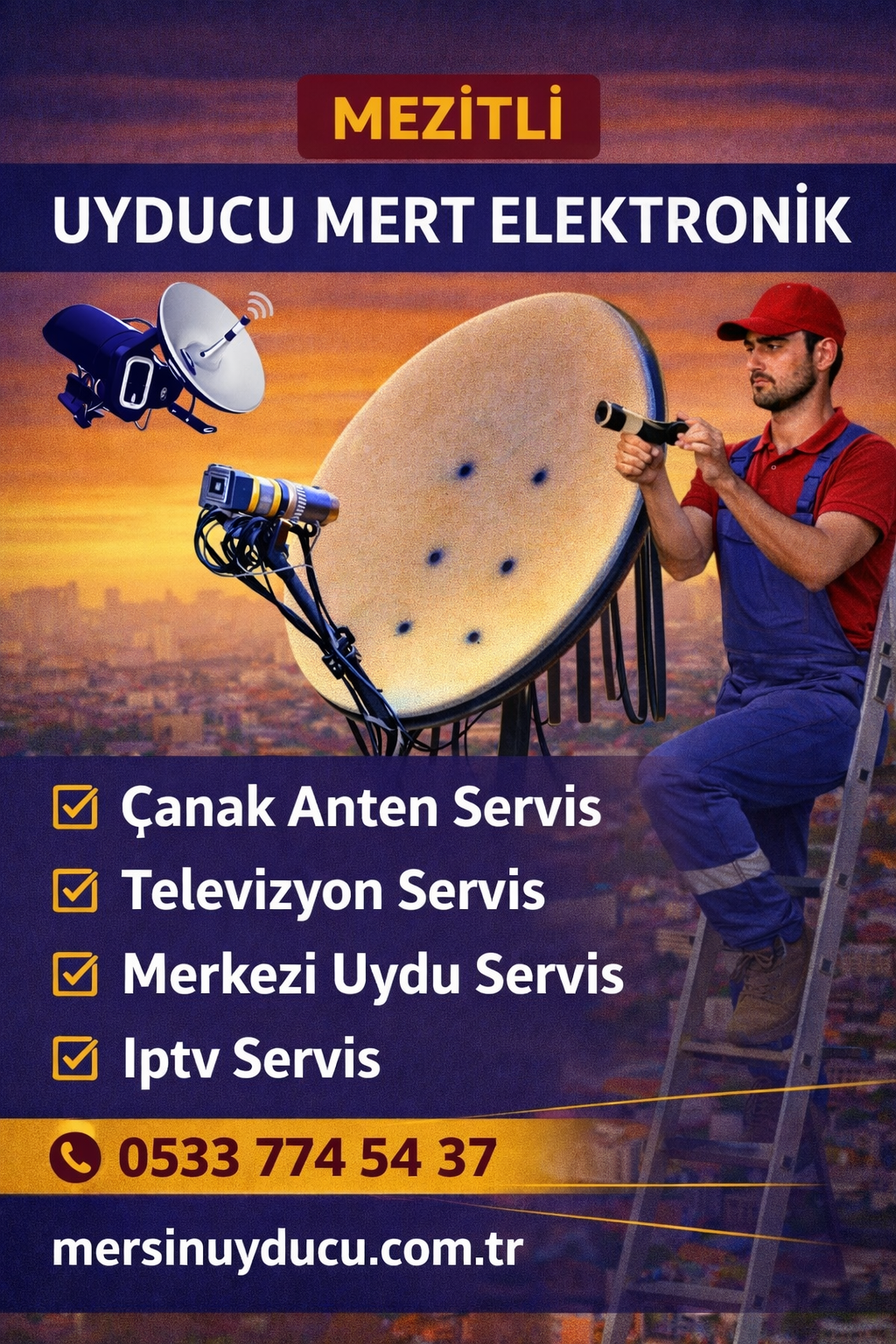 Mezitli Uyducu gun batiminda canak anten montaji yapan teknisyen