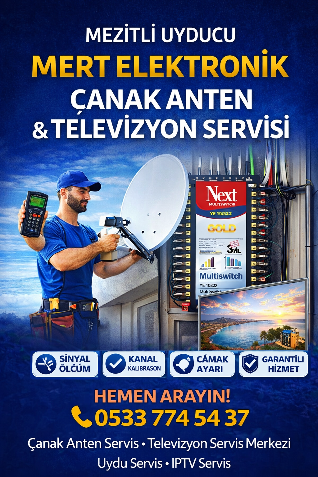 Mezitli Uyducu sinyal olcum cihazi ile calisan teknisyen posteri