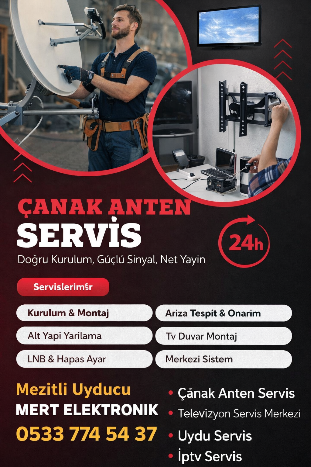 Mezitli Uyducu 24 saat canak anten servis posteri